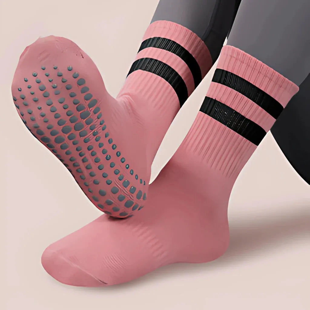 Mid Calf Grip Socks Yoga Comfort Fit For Women - 2 Black Bars Pink / one size