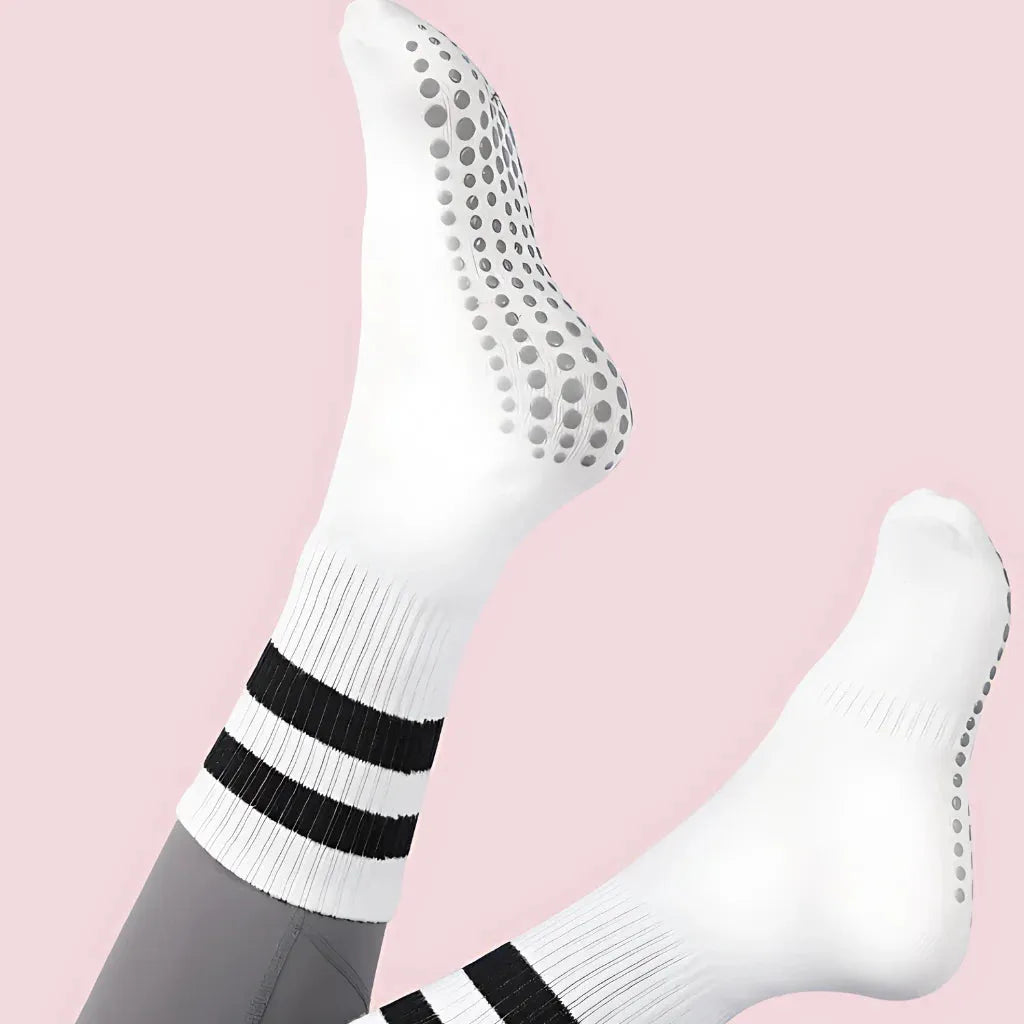 Mid Calf Grip Socks Yoga Comfort Fit For Women - 2 Black Bars White / one size