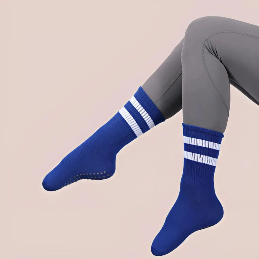 Mid Calf Grip Socks Yoga Comfort Fit For Women - 2 White Bar Blue / one size