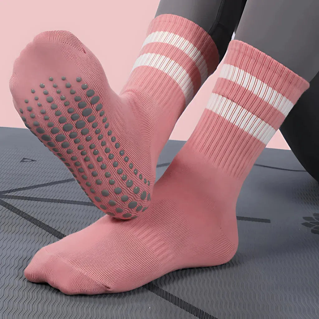Mid Calf Grip Socks Yoga Comfort Fit For Women - 2 White Bars Pink / one size