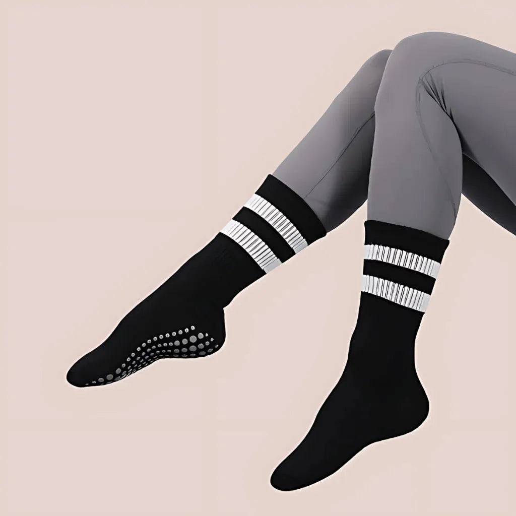 Mid Calf Grip Socks Yoga Comfort Fit For Women - 2 White Stripes Against Black / one size