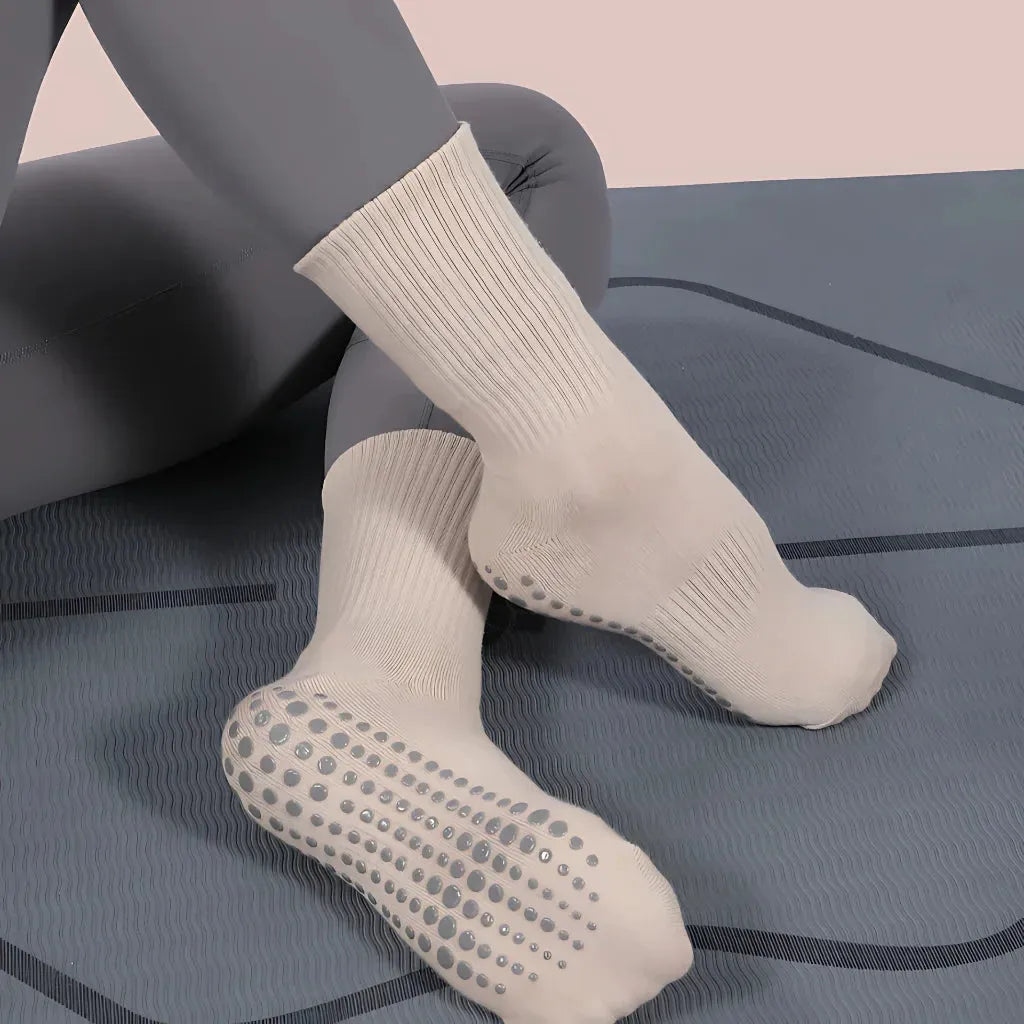 Mid Calf Grip Socks Yoga Comfort Fit For Women - Khaki / one size