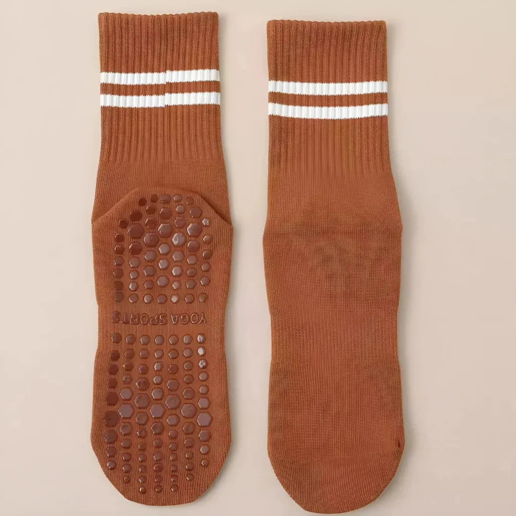 Mid Calf Grippy Socks Yoga For Year Round Comfort - Caramel Color / one size