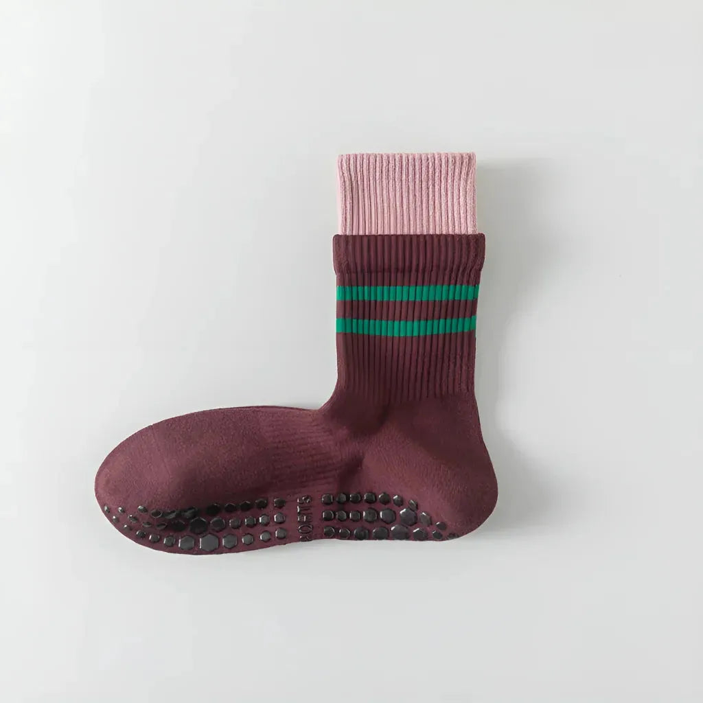 Mid Calf Pilates Grip Socks For Women’s Studio Flow - Dark Wine Red / one size