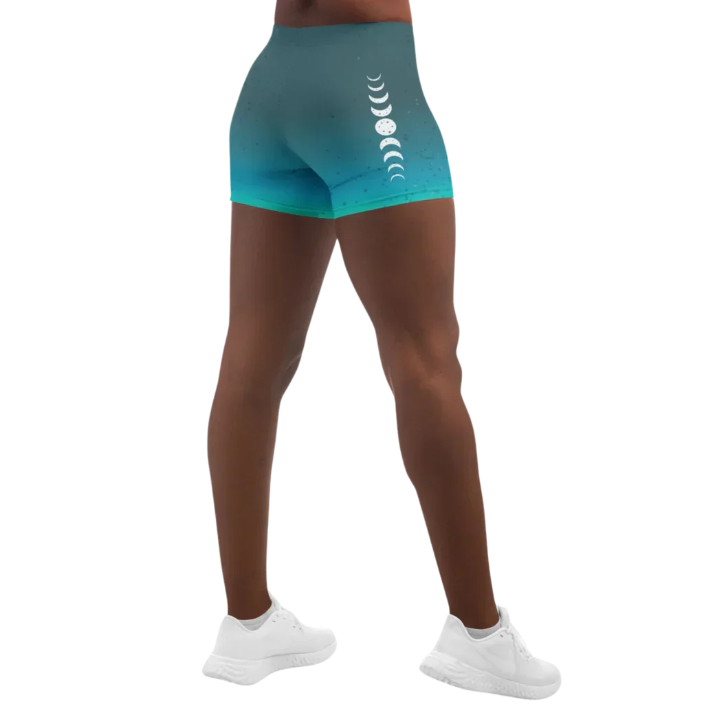 Moon Phase Gradient Shorts For Yoga In Teal Blue