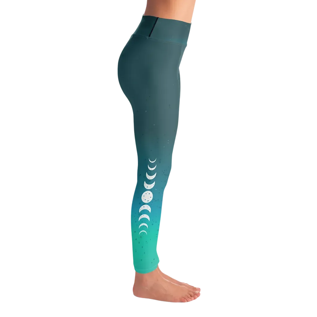 Moon Phases Summer Yoga Leggings In Teal Gradient