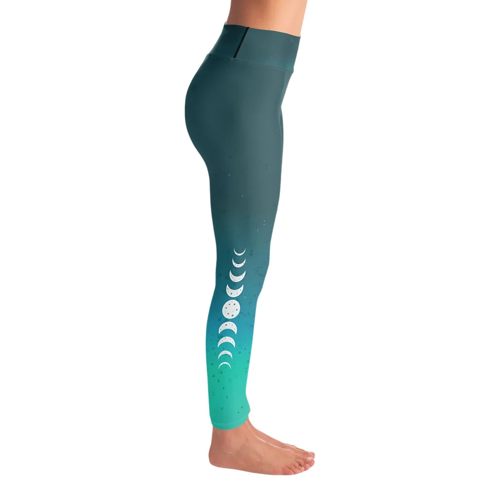 Moon Phases Summer Yoga Leggings In Teal Gradient