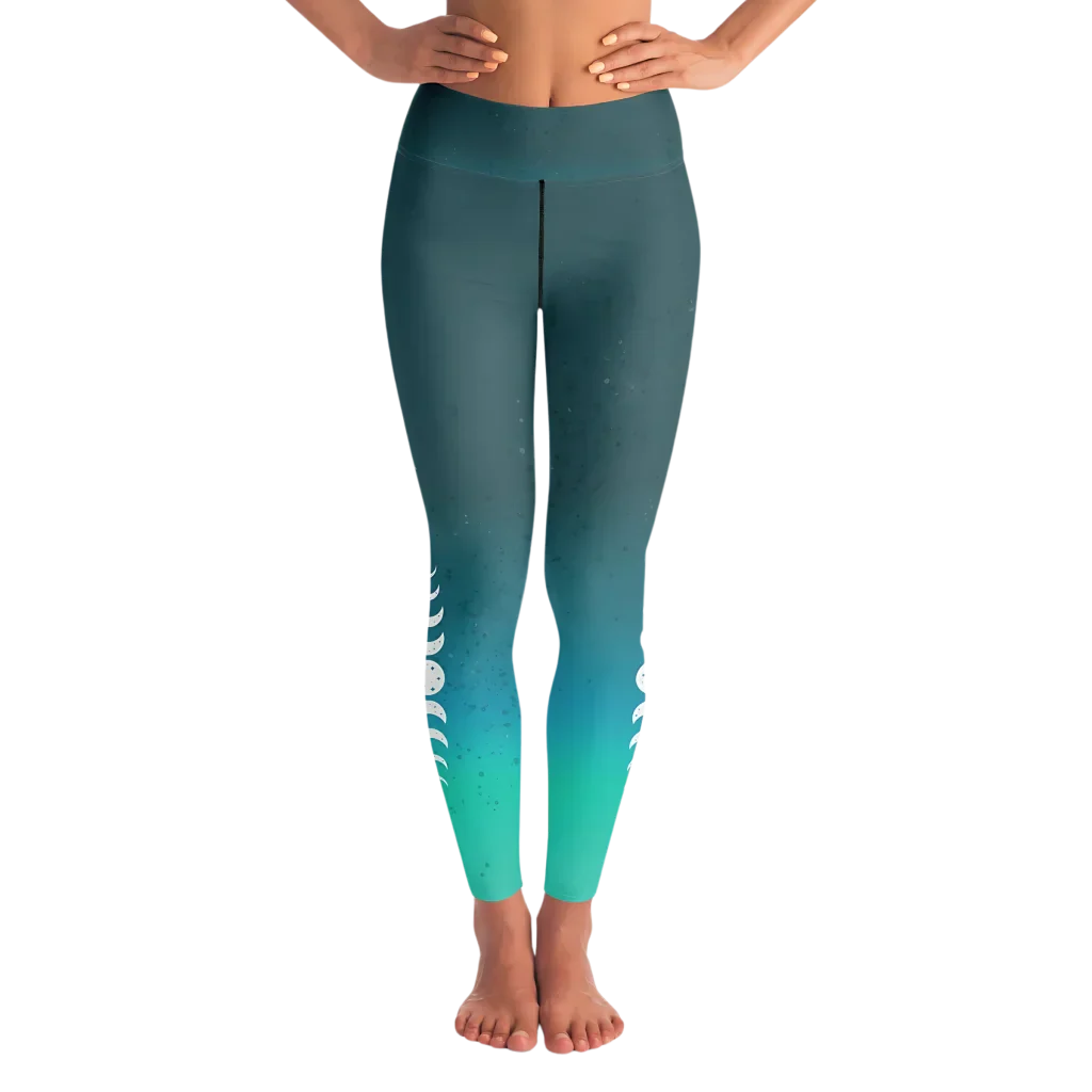 Moon Phases Summer Yoga Leggings In Teal Gradient - XS