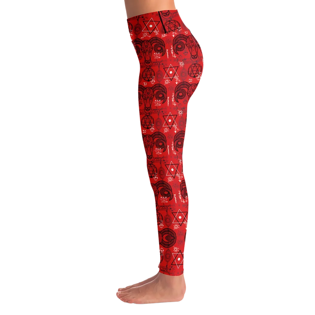 Mystic Geometry Red Yoga Leggings With Occult Design
