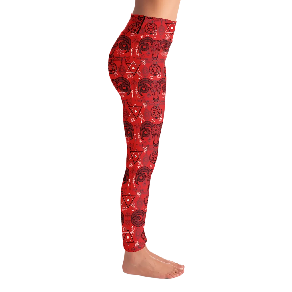 Mystic Geometry Red Yoga Leggings With Occult Design