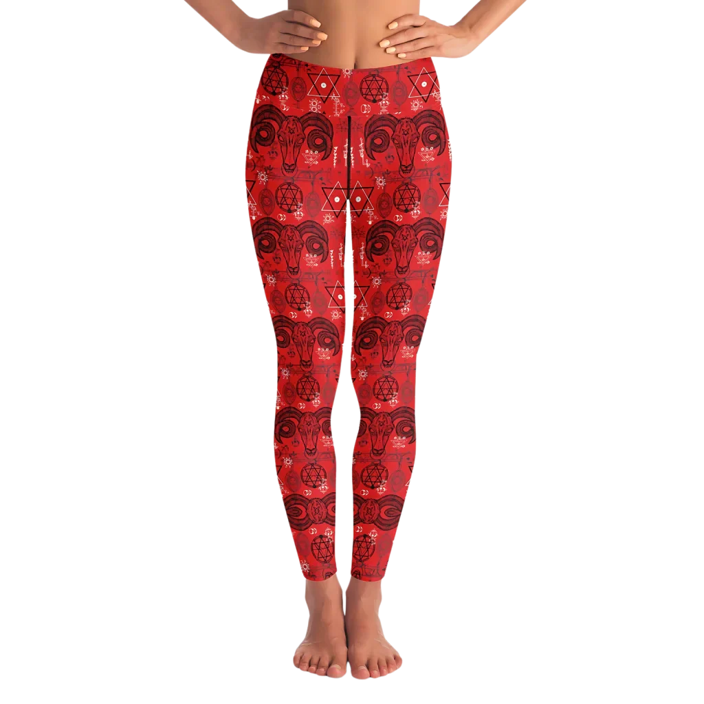 Mystic Geometry Red Yoga Leggings With Occult Design - XS