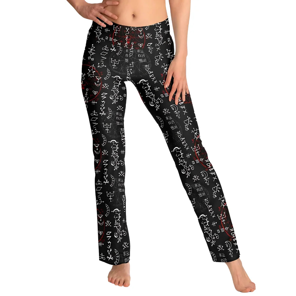 Mystic Print Black Flared Leggings With Alchemy Symbols