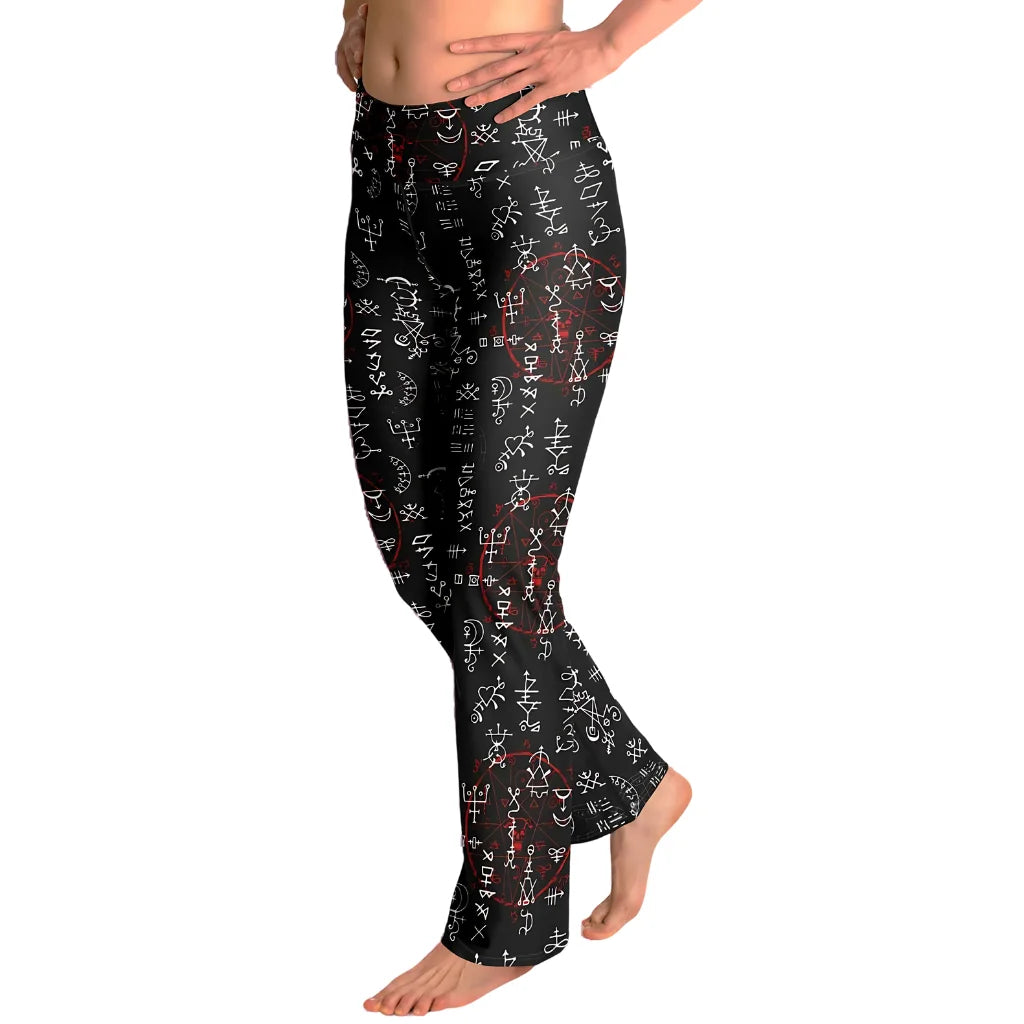 Mystic Print Black Flared Leggings With Alchemy Symbols