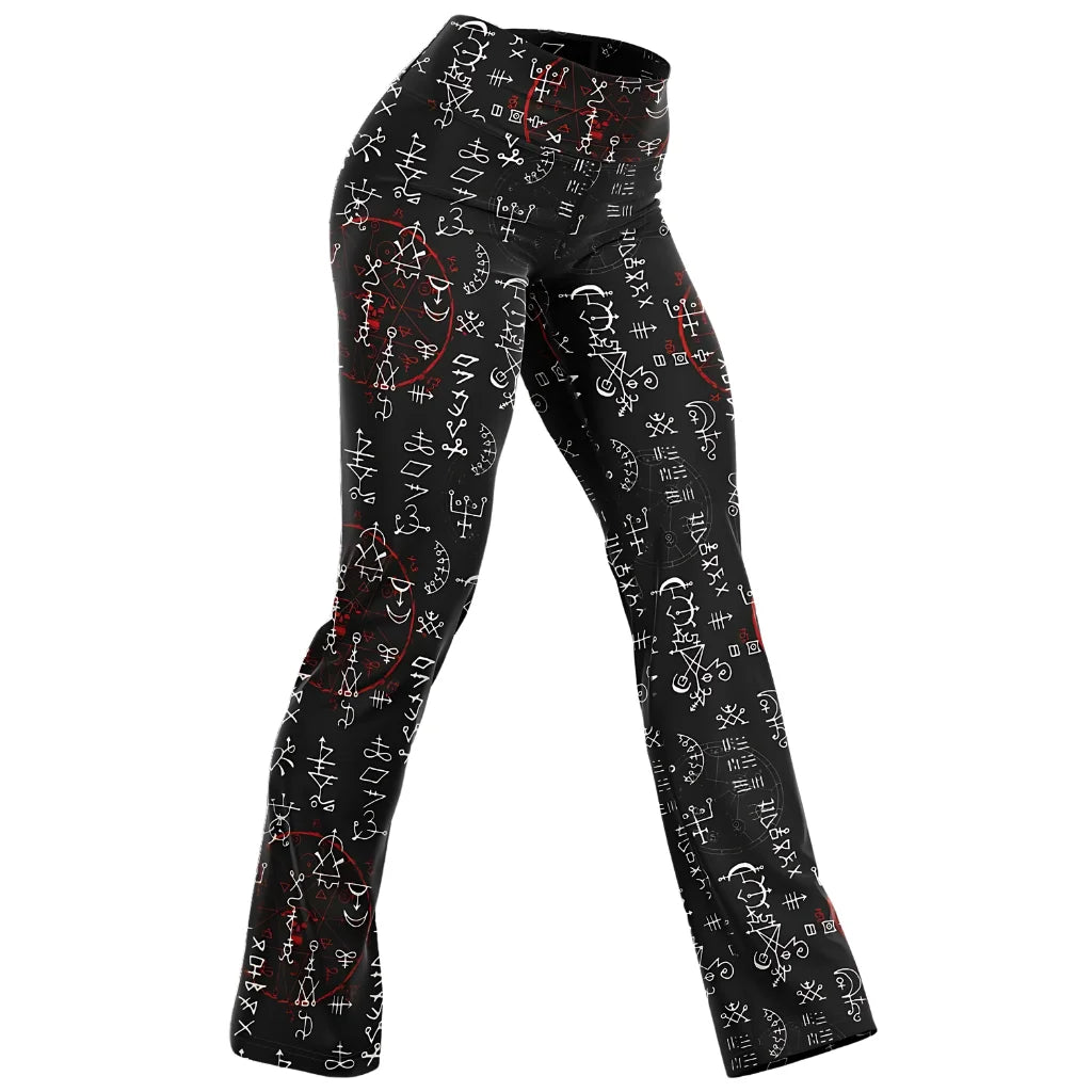 Mystic Print Black Flared Leggings With Alchemy Symbols - XS