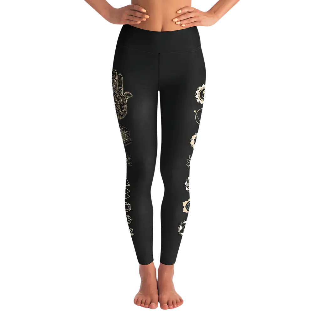 Mystic Print Women’s Black Yoga Pants With Sacred Symbols - XS