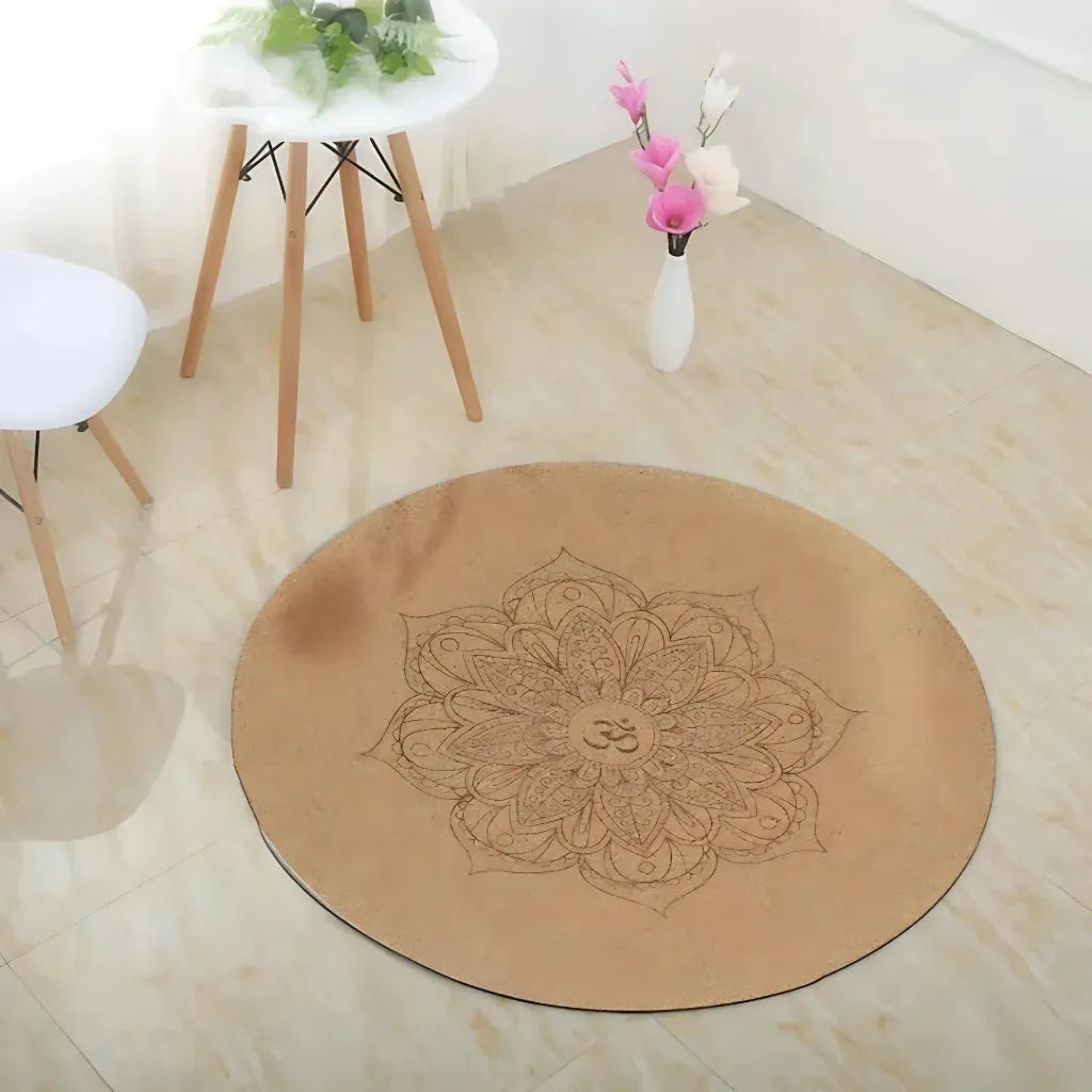 Natural Cork Round Workout Mat With Plant Print - Beige / 60x60 cm