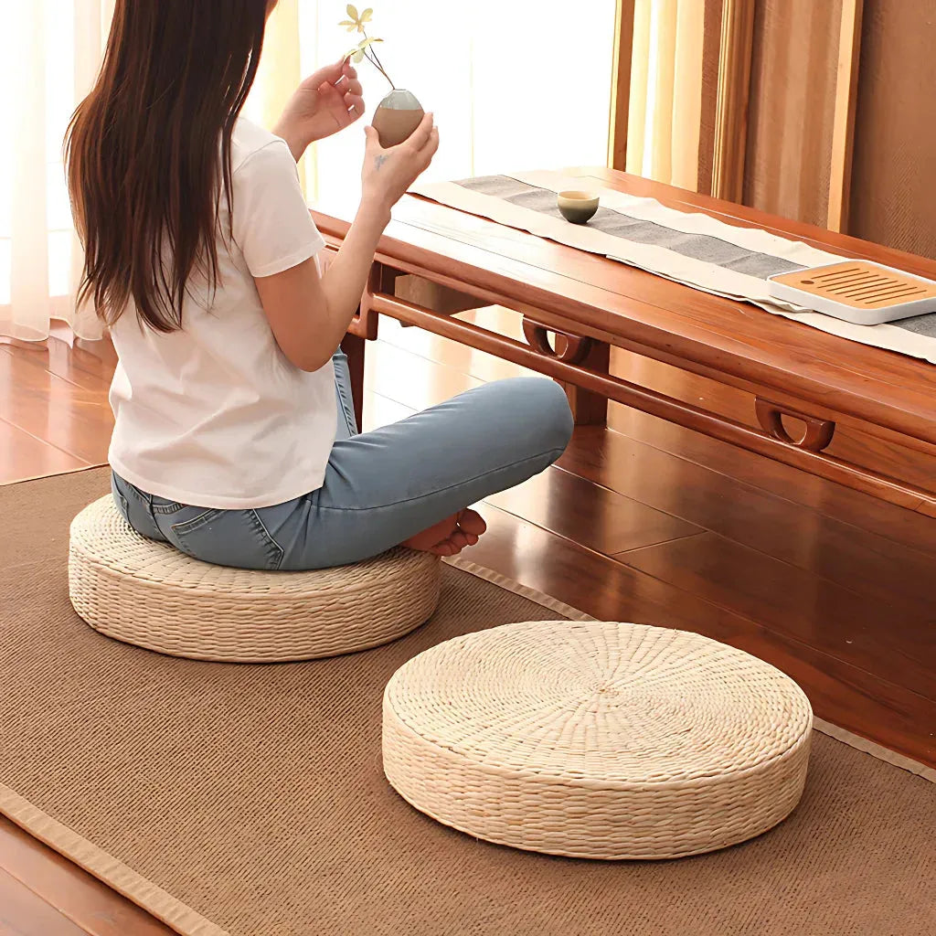 Natural Meditation Pouf For Zen-Inspired Floor Seating - Papyrus Futon / Dia 40cm Height 6cm