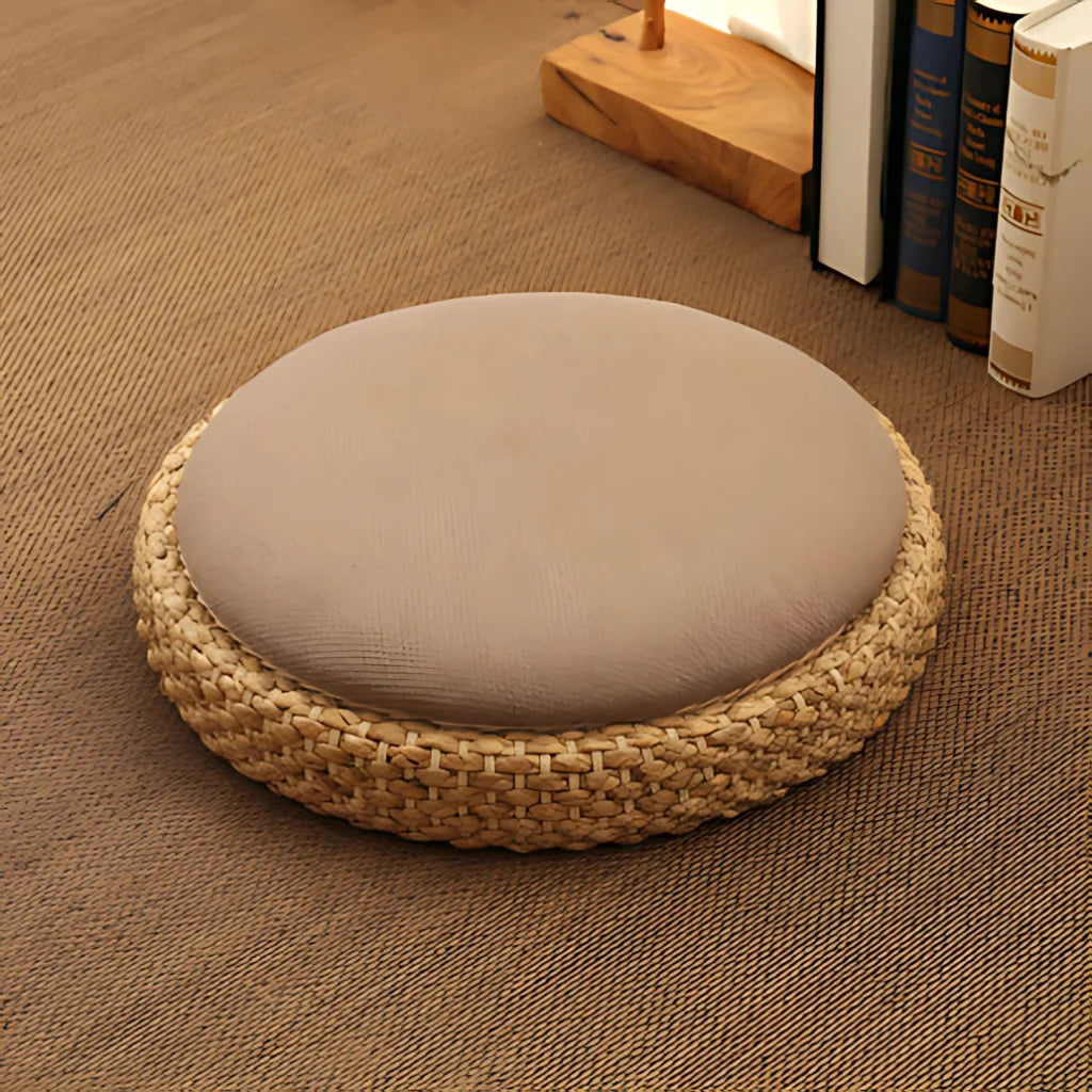 Natural Rattan Pouf Floor Seat For Everyday Calm - Coffee noodles / Round dia 40cm