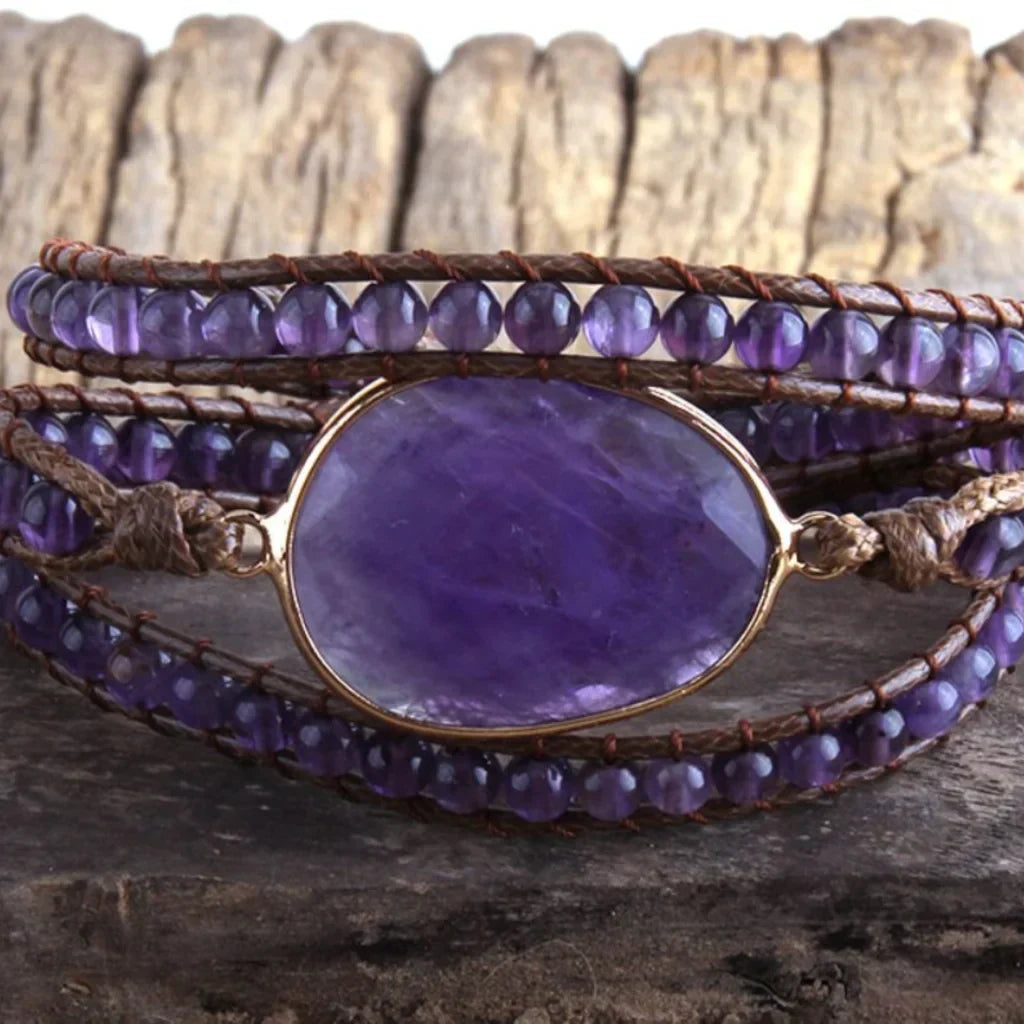 Natural Stone Hand Wrap Bracelet With Gem Charm - Style