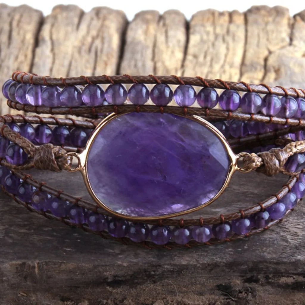 Natural Stone Hand Wrap Bracelet With Gem Charm - Style