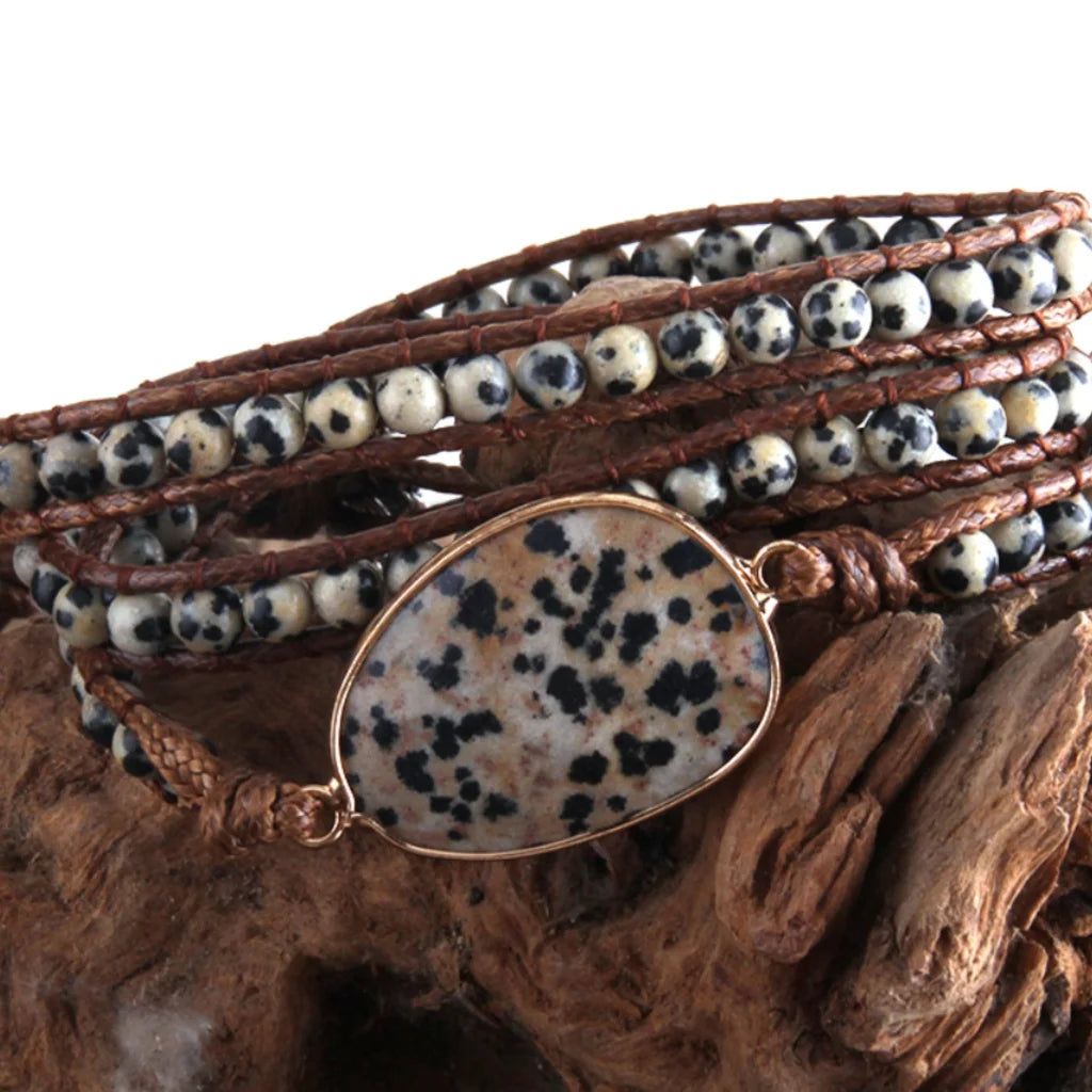 Natural Stone Hand Wrap Bracelet With Gem Charm - Style B