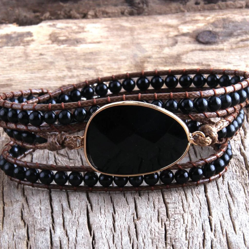 Natural Stone Hand Wrap Bracelet With Gem Charm - Style C
