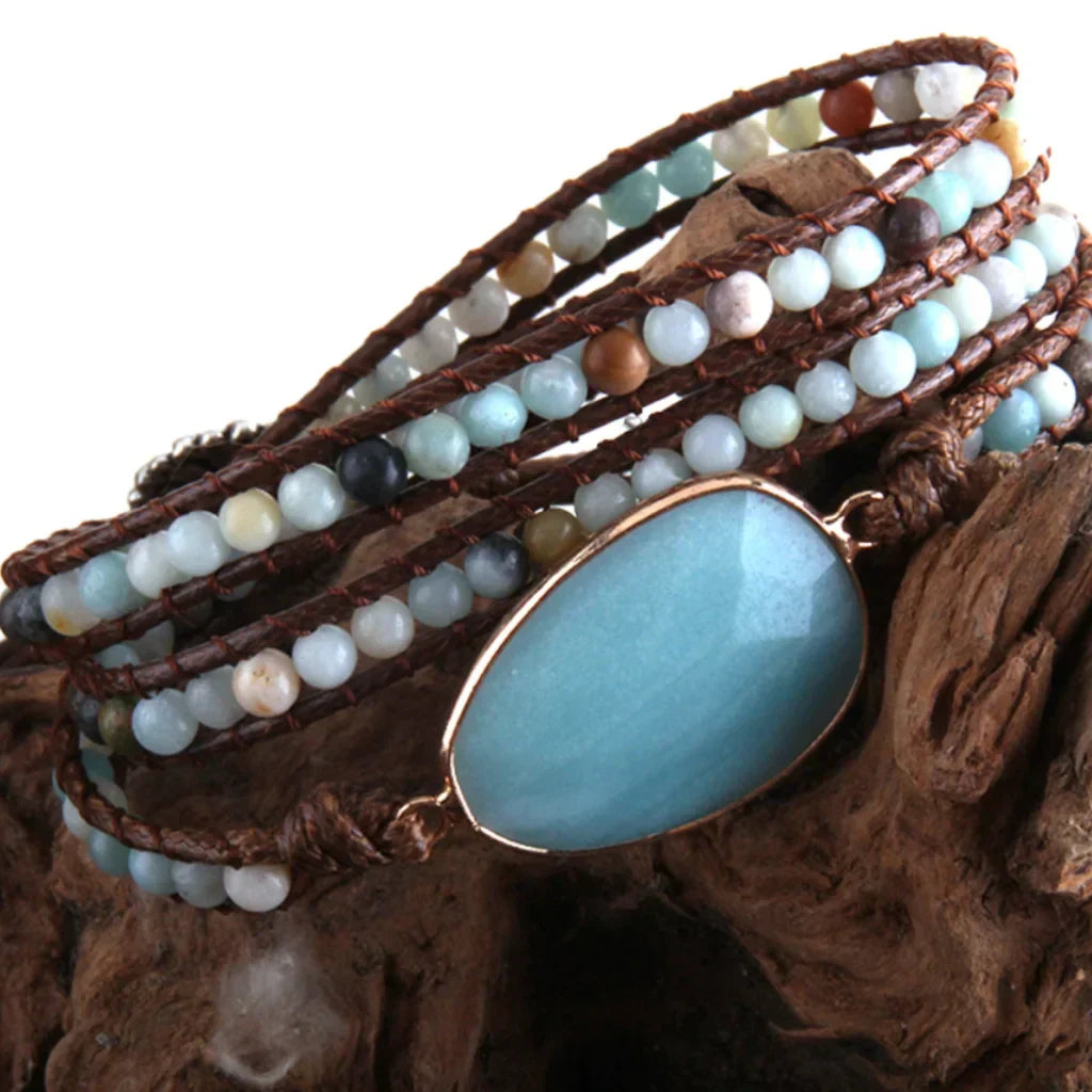 Natural Stone Hand Wrap Bracelet With Gem Charm - Style D