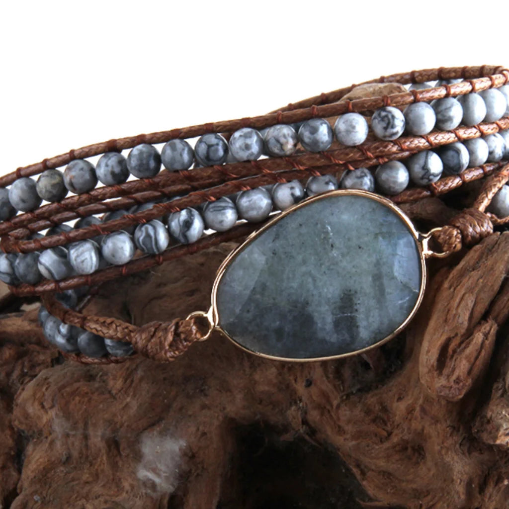 Natural Stone Hand Wrap Bracelet With Gem Charm - Style E