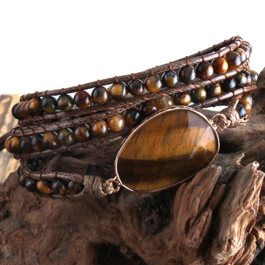 Natural Stone Hand Wrap Bracelet With Gem Charm - Style F