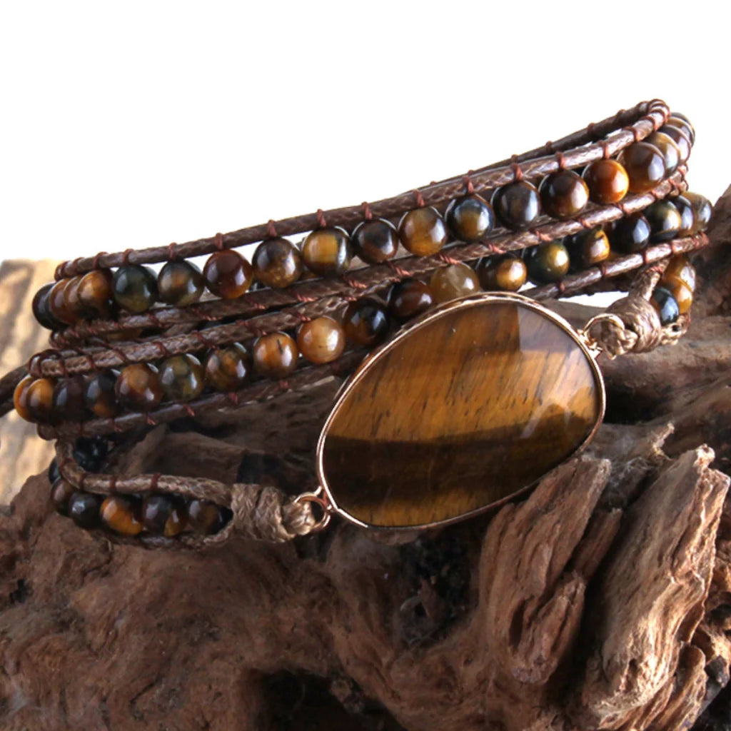 Natural Stone Hand Wrap Bracelet With Gem Charm - Style F