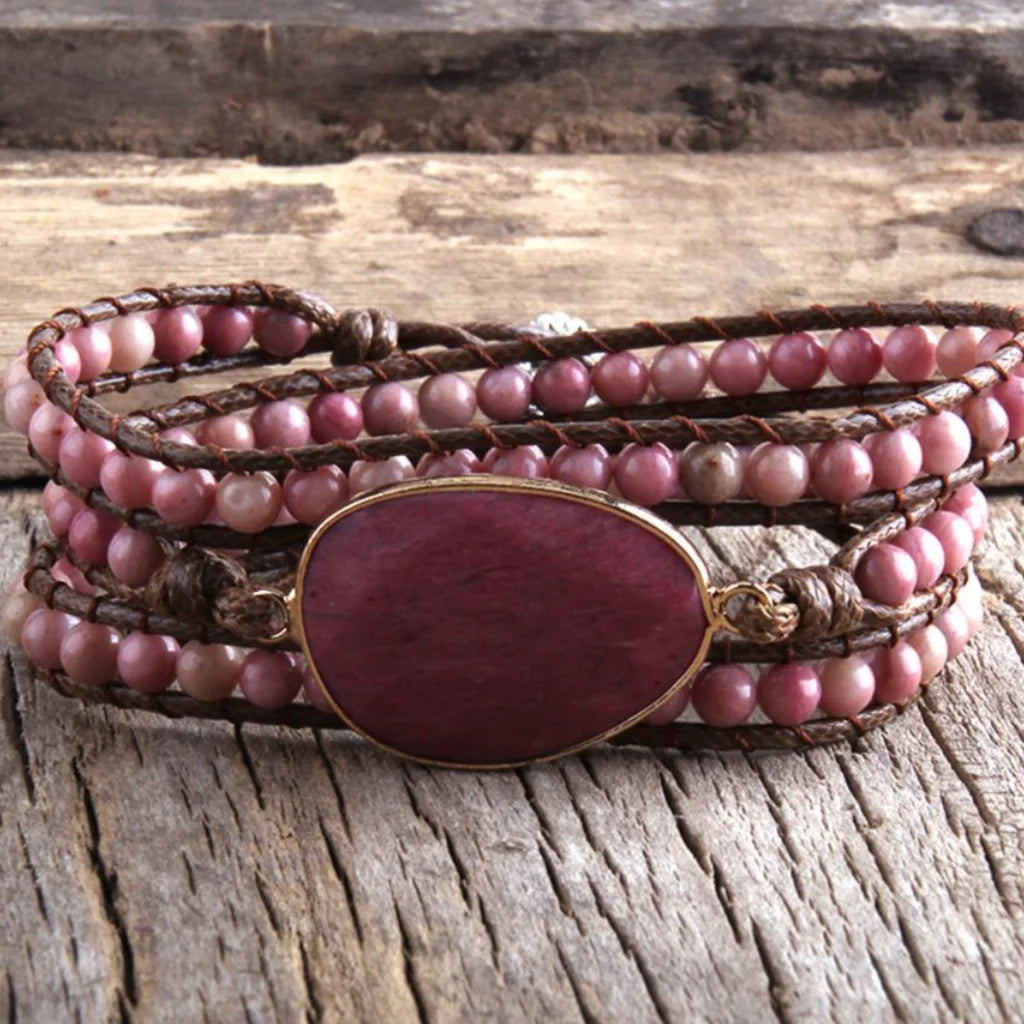 Natural Stone Hand Wrap Bracelet With Gem Charm - Style G