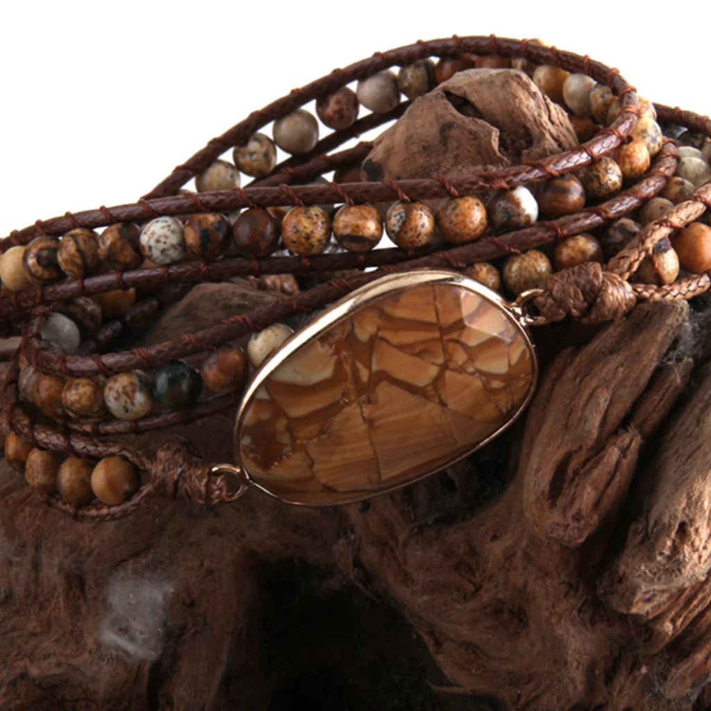 Natural Stone Hand Wrap Bracelet With Gem Charm - Style H
