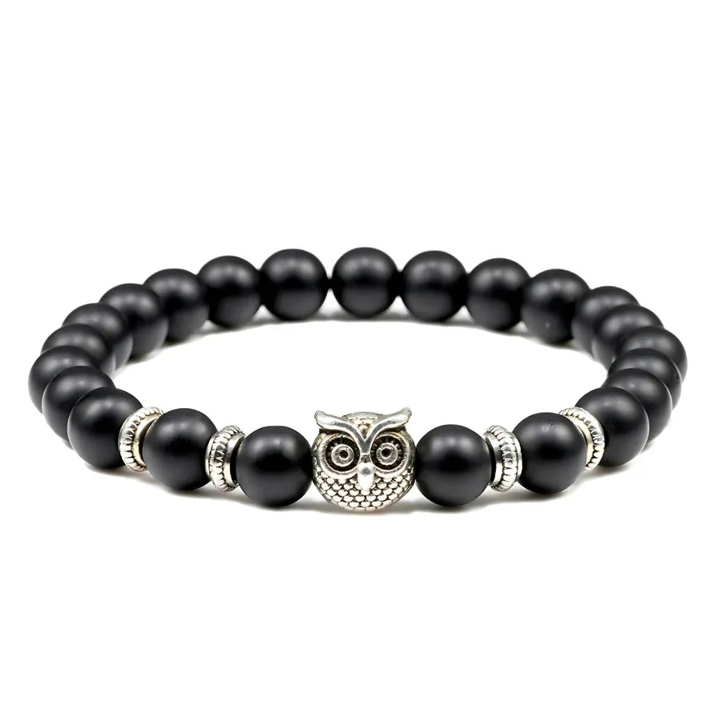 Owl Charm Beads Bracelets With Natural Stones - Black Frosted