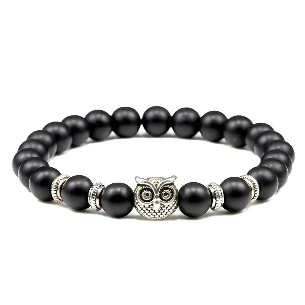 Owl Charm Beads Bracelets With Natural Stones - Black Frosted