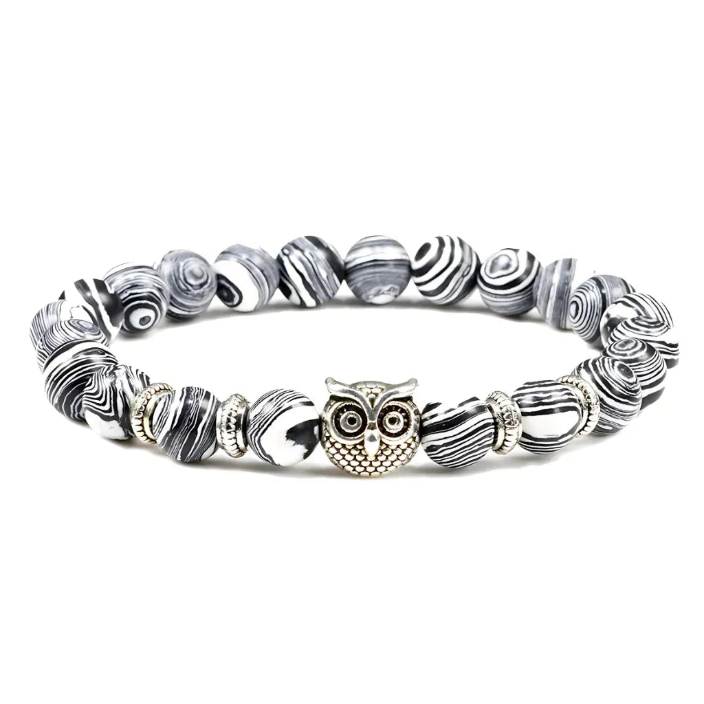 Owl Charm Beads Bracelets With Natural Stones - Gray Malachite