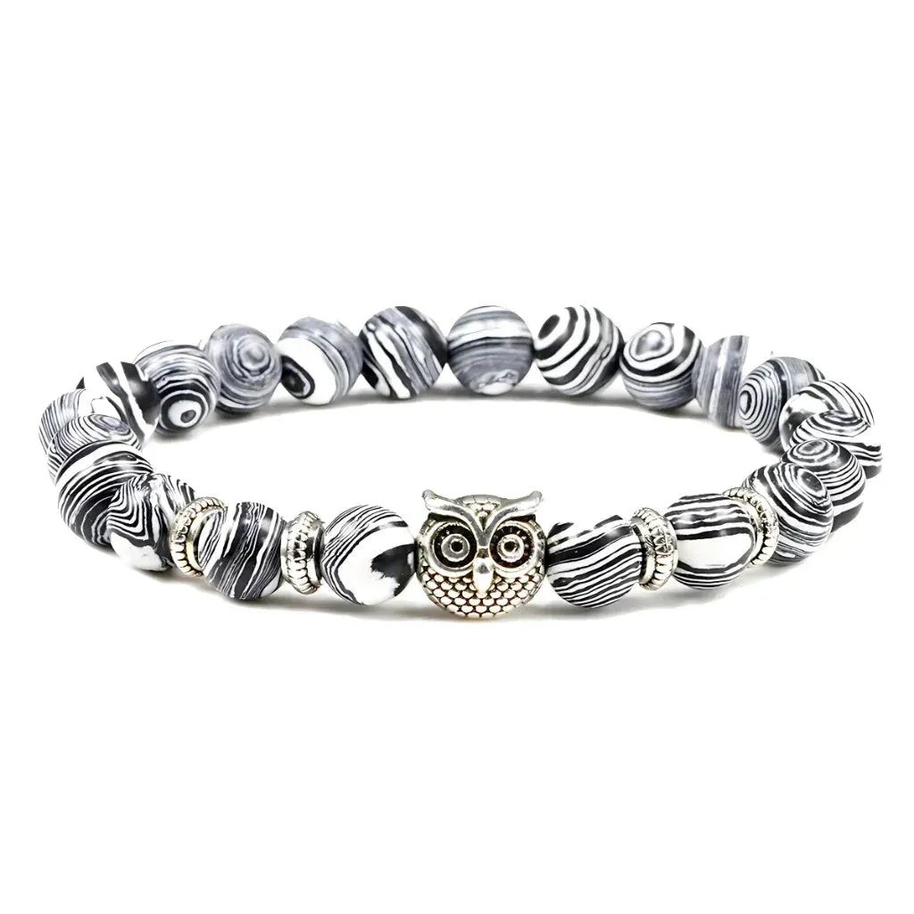 Owl Charm Beads Bracelets With Natural Stones - Gray Malachite