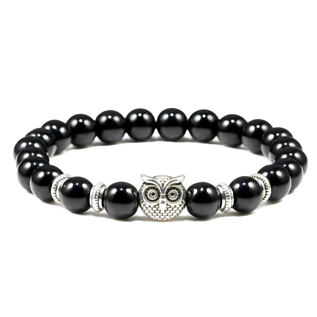 Owl Charm Beads Bracelets With Natural Stones - Light Black