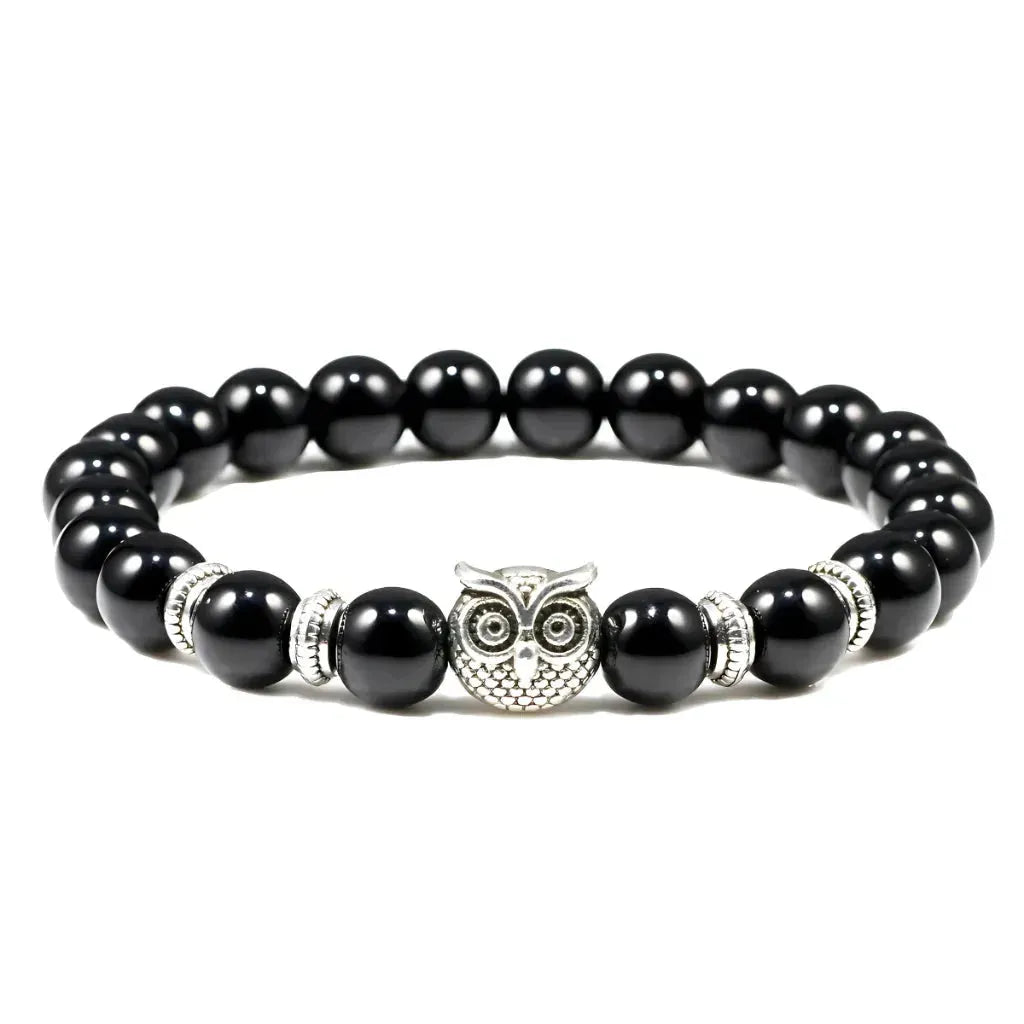 Owl Charm Beads Bracelets With Natural Stones - Light Black