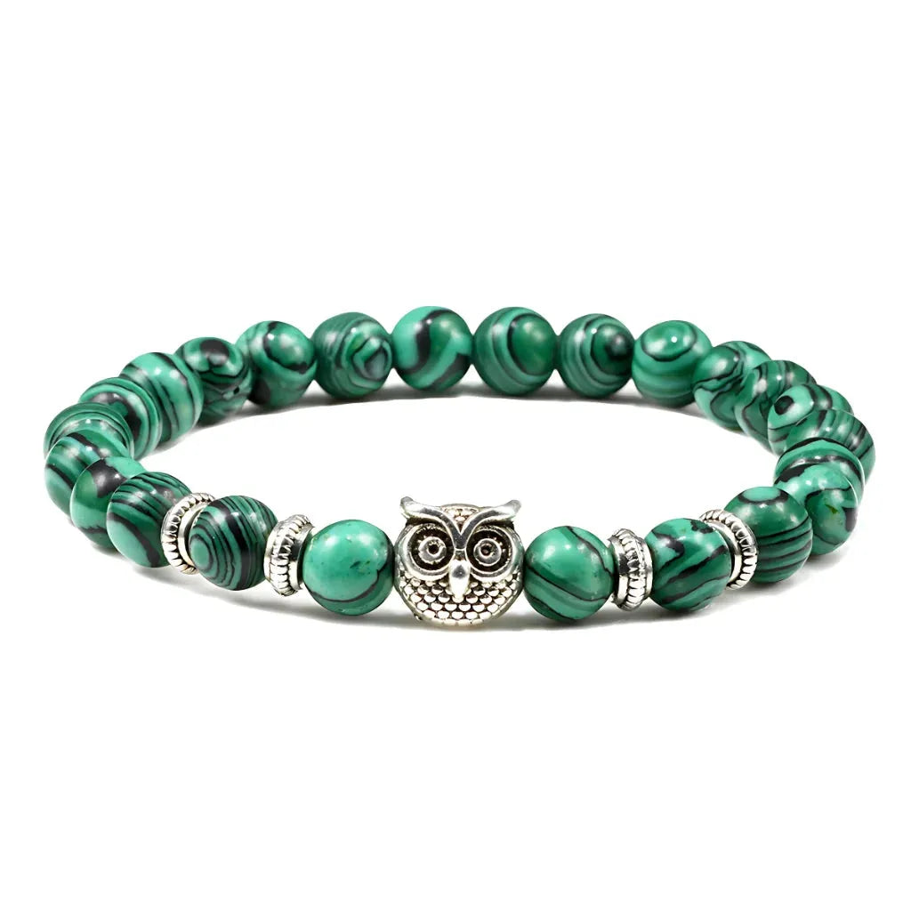 Owl Charm Beads Bracelets With Natural Stones - Malachite