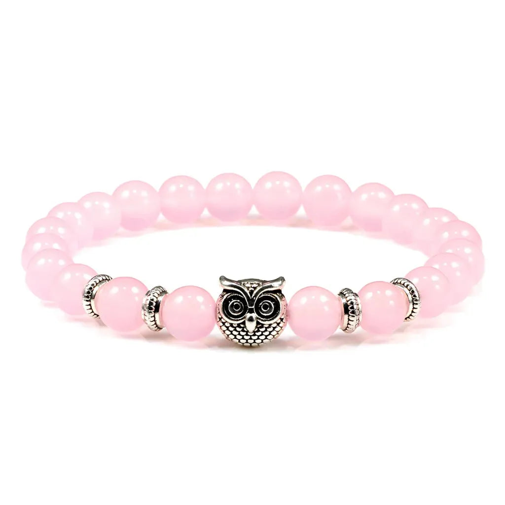 Owl Charm Beads Bracelets With Natural Stones - Pink Stone
