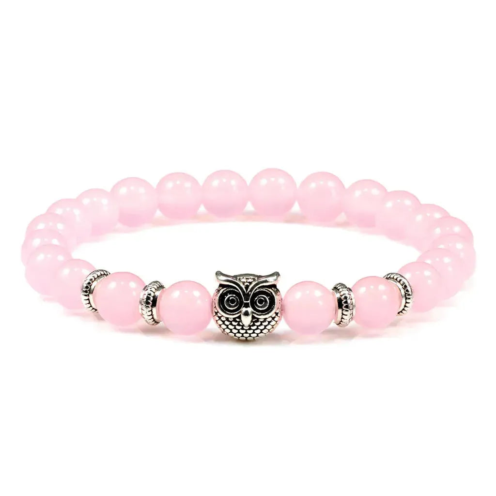 Owl Charm Beads Bracelets With Natural Stones - Pink Stone