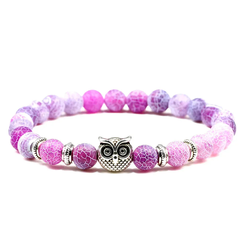 Owl Charm Beads Bracelets With Natural Stones - Purple Weathering