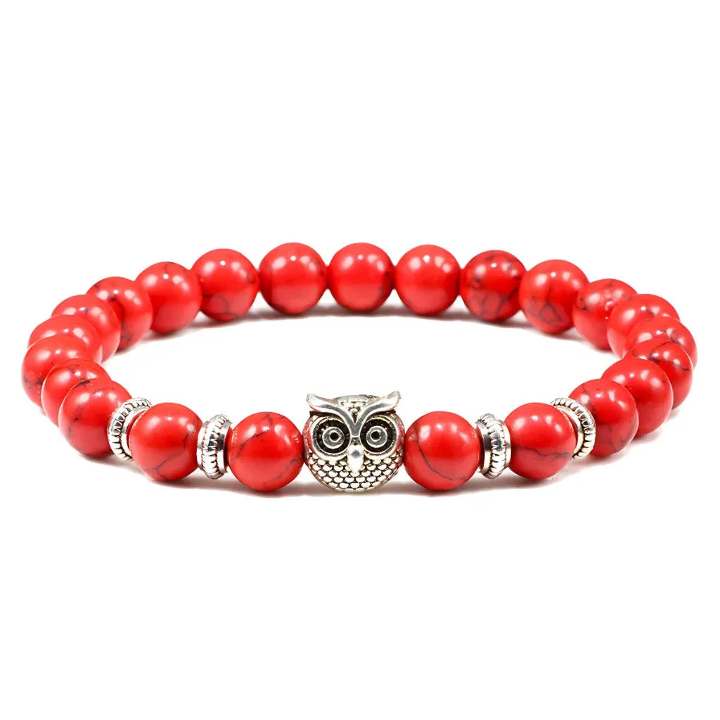 Owl Charm Beads Bracelets With Natural Stones - Red Turquoise