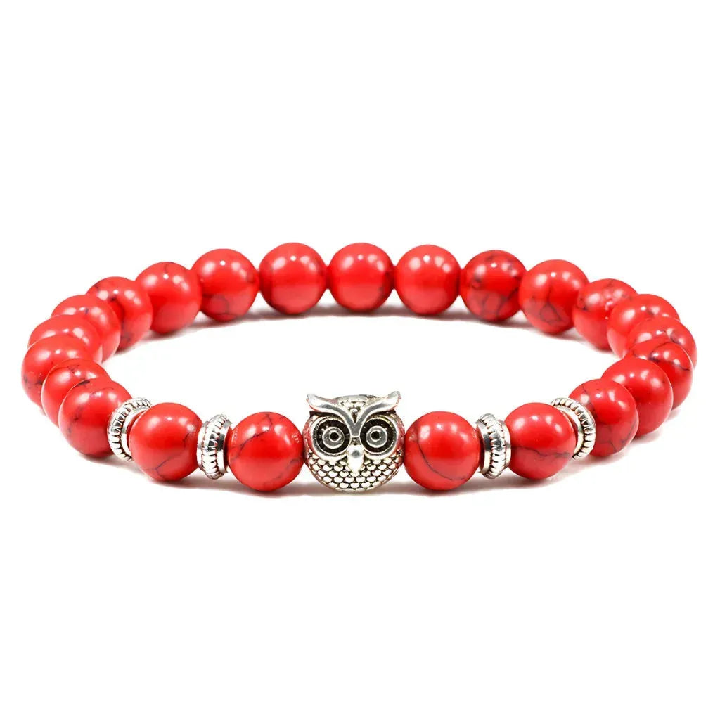 Owl Charm Beads Bracelets With Natural Stones - Red Turquoise