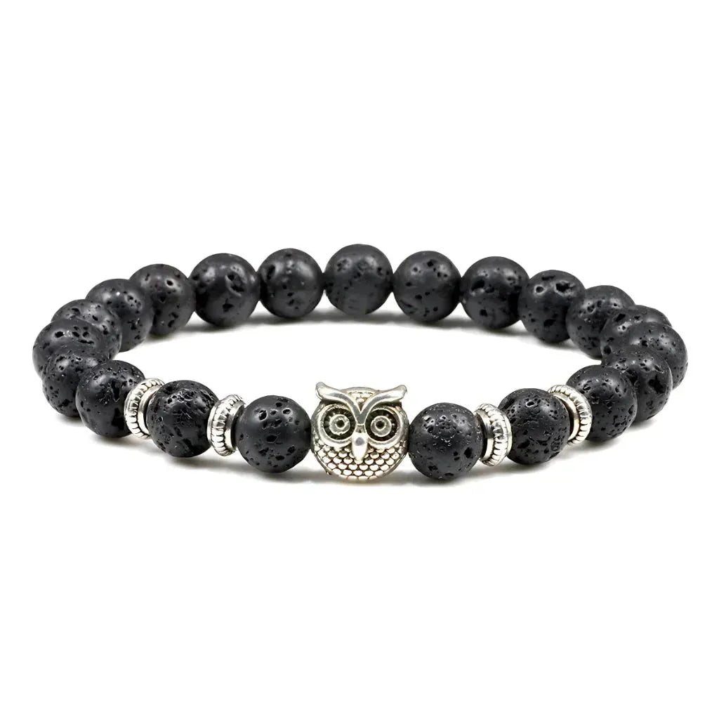 Owl Charm Beads Bracelets With Natural Stones - Volcanic Rock