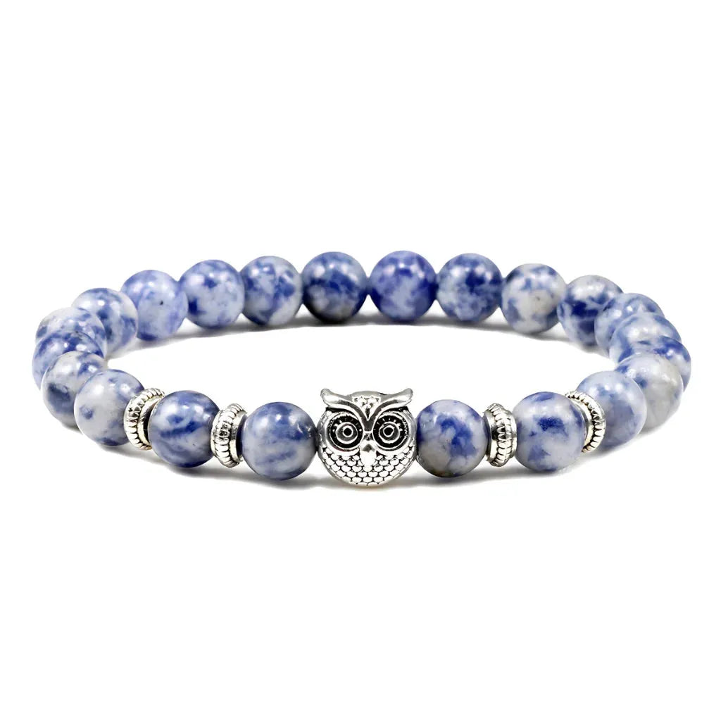 Owl Charm Beads Bracelets With Natural Stones - White Dot Blue