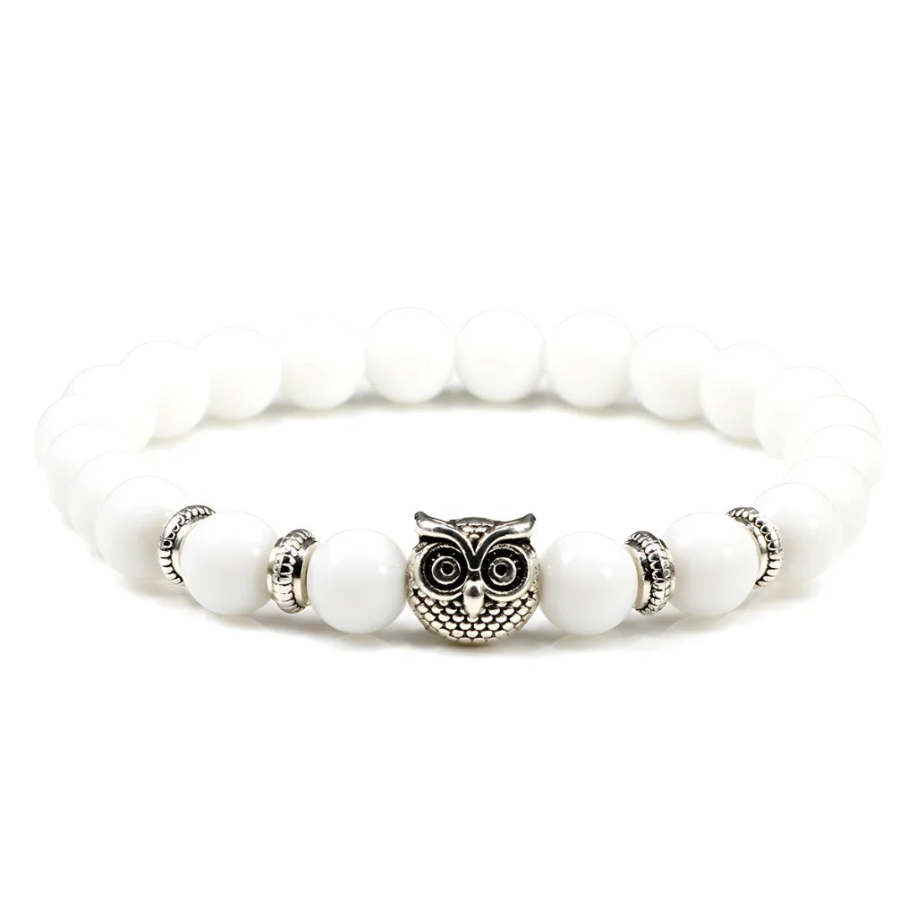 Owl Charm Beads Bracelets With Natural Stones - White Porcelain