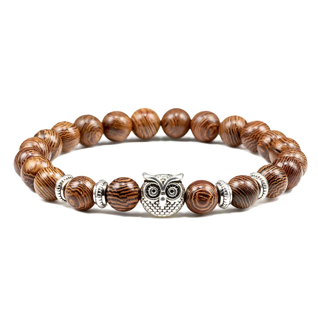 Owl Charm Beads Bracelets With Natural Stones - Wooden Bead