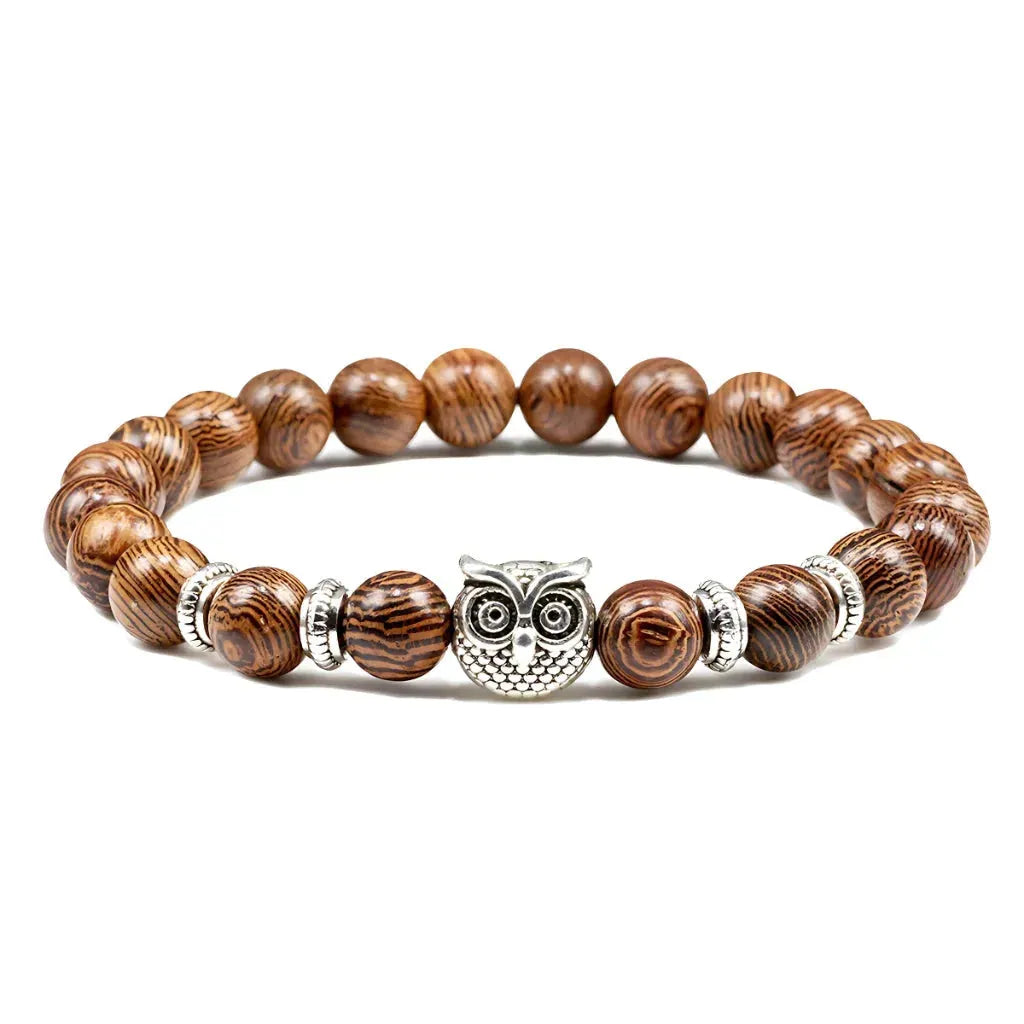 Owl Charm Beads Bracelets With Natural Stones - Wooden Bead