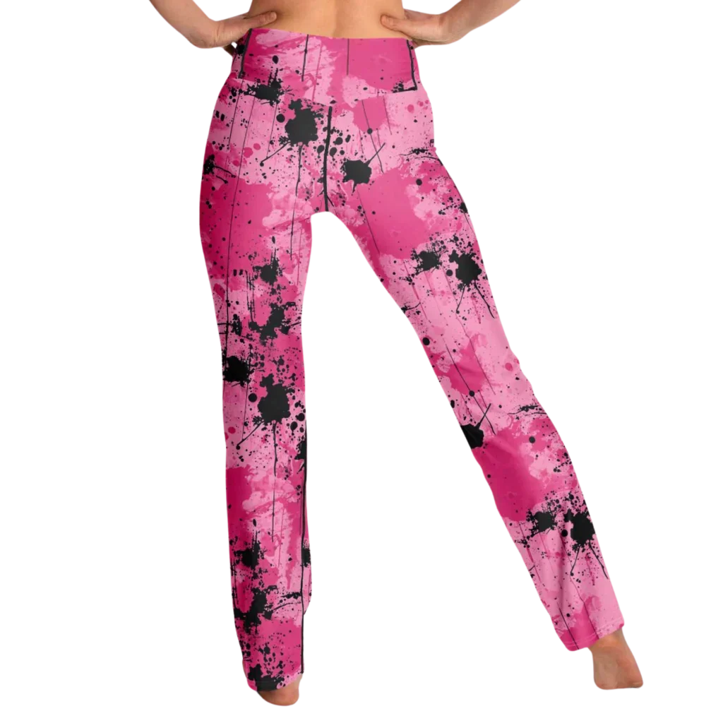 Pink Flare Leggings With Watercolor Ink Splatter Print